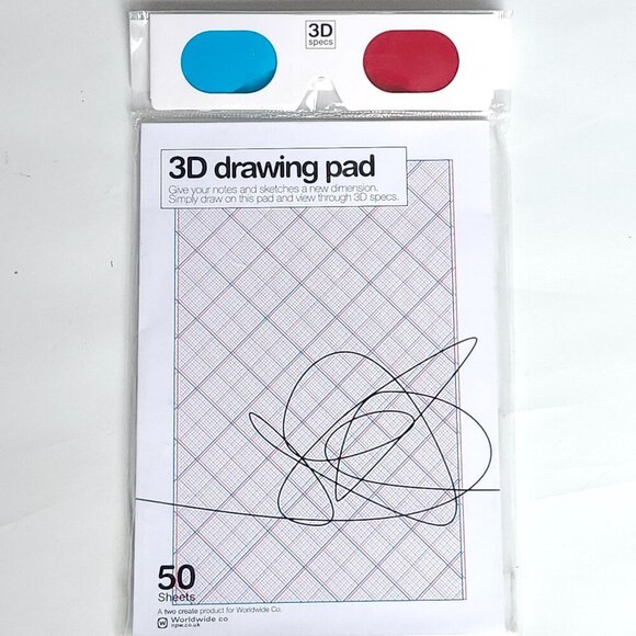 FUN 3D Drawing Pad BNIP World Wide Co SEALED 50 Sheets + 3D Glasses Two Create S - Picture 1 of 2